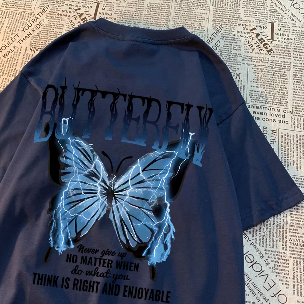 Blue Lightning Butterfly Creative Word T-Shirt Men Casual Oversized T-Shirt Casual Loose Tee Clothes Pattern Quality Tops
