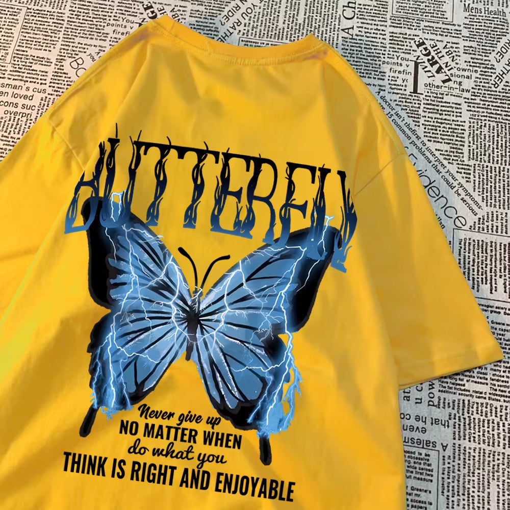 Blue Lightning Butterfly Creative Word T-Shirt Men Casual Oversized T-Shirt Casual Loose Tee Clothes Pattern Quality Tops