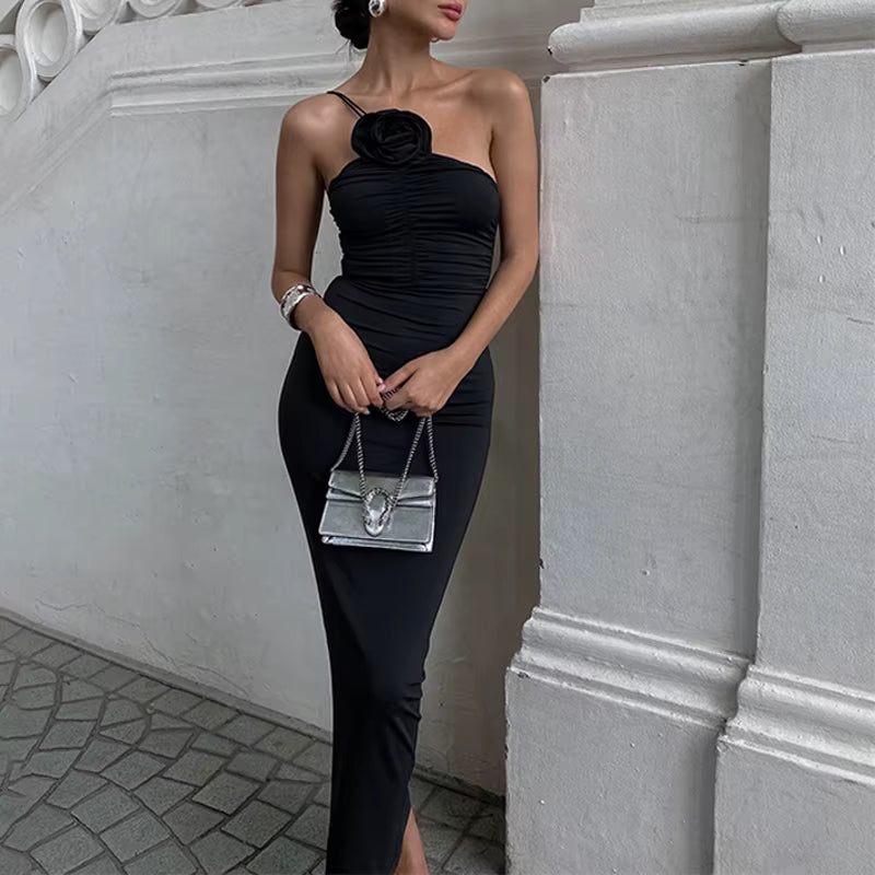 Elegant Women Solid Sleeveless Slim Dress Aesthetic Oblique Strap Backless Prom Dresses Fashion Evening Party Clothing