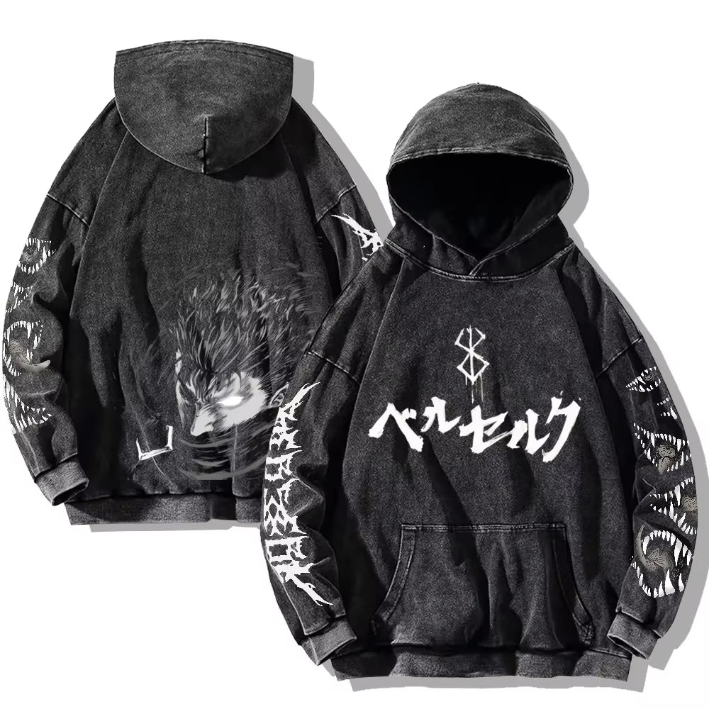 Gothic Vintage Washed Hoodies Teeth Funny Printed Sweatshirts Harajuku Retro Long Sleeve Pullover Men Women Y2K Oversized Hoodie