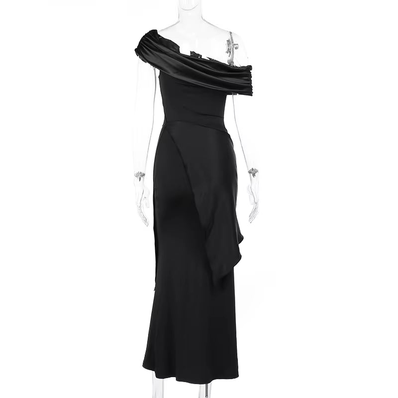 New Party Evening Dresses Elegant Black Slash Neck Maxi Dress for Women Fashion Short Sleeve Bodycon Banquet Vestidos Female