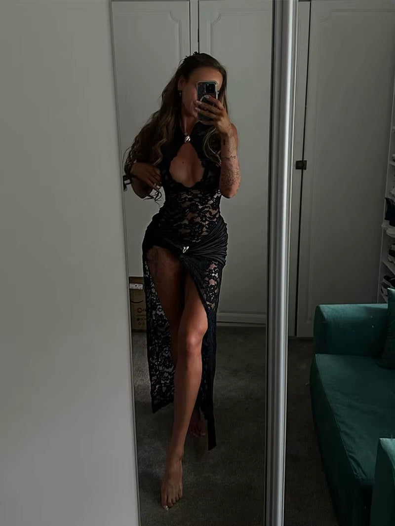 Lace Dresses for Women Fashion Sexy Elegant Solid Sleeveless Tank Hollow Out O-Neck High Side Split Slim Fit Long Vestidos Robes
