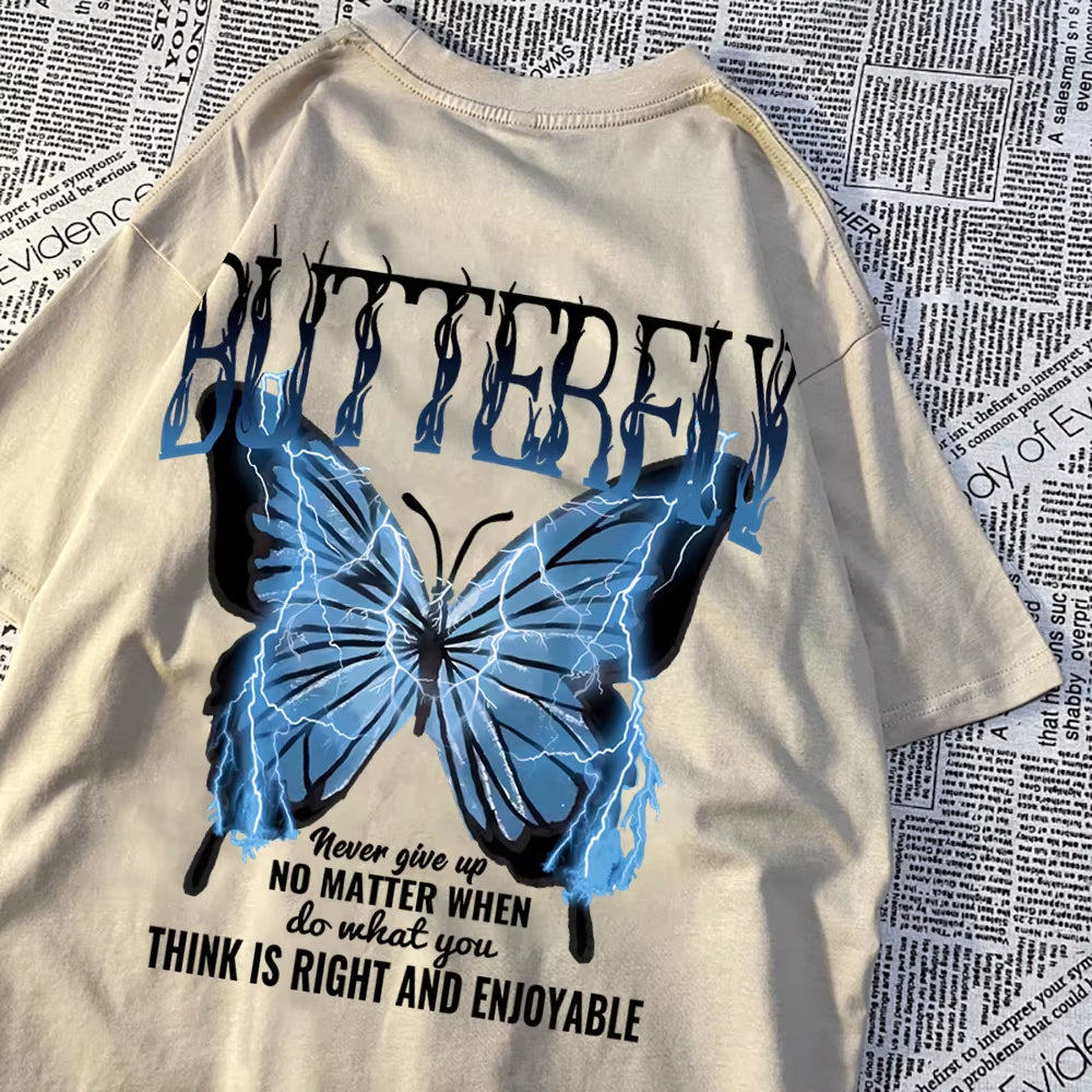 Blue Lightning Butterfly Creative Word T-Shirt Men Casual Oversized T-Shirt Casual Loose Tee Clothes Pattern Quality Tops