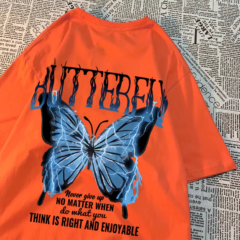 Blue Lightning Butterfly Creative Word T-Shirt Men Casual Oversized T-Shirt Casual Loose Tee Clothes Pattern Quality Tops