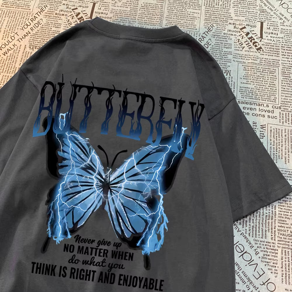 Blue Lightning Butterfly Creative Word T-Shirt Men Casual Oversized T-Shirt Casual Loose Tee Clothes Pattern Quality Tops