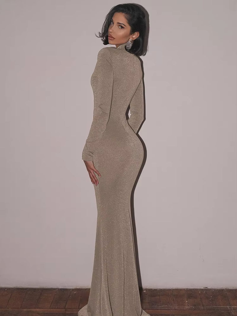 Hollow Out Turtleneck Long Sleeve Sexy Maxi Dress for Women Gown 2025 New Bodycon Evening Club Long Dress Vestido