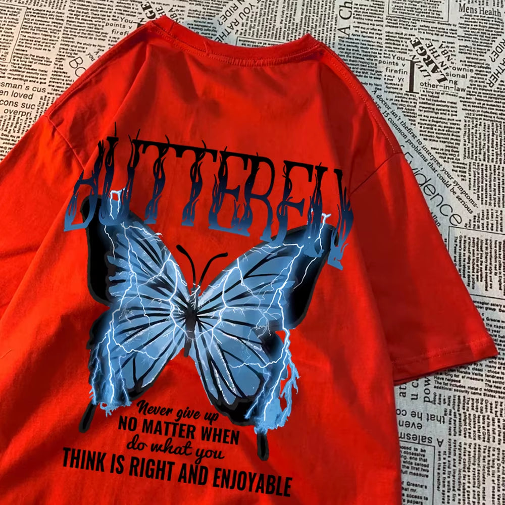 Blue Lightning Butterfly Creative Word T-Shirt Men Casual Oversized T-Shirt Casual Loose Tee Clothes Pattern Quality Tops