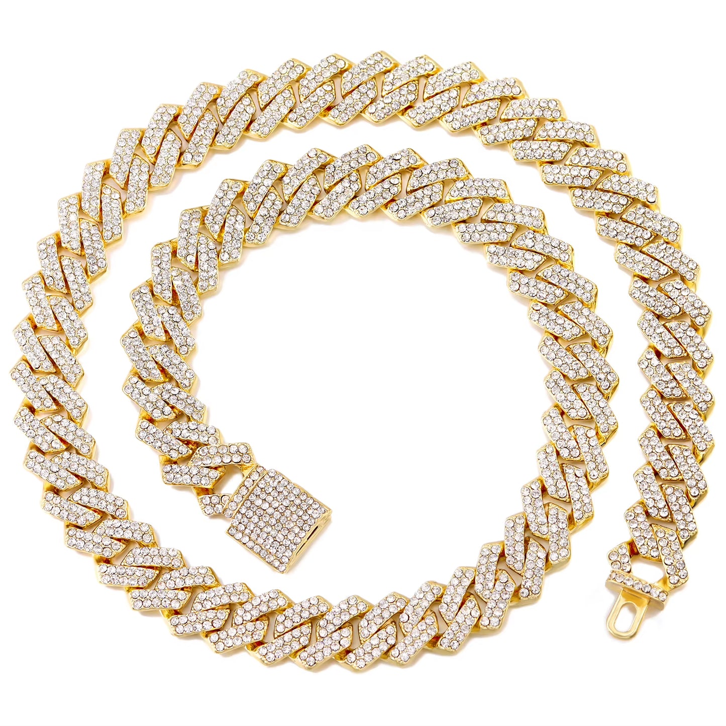 16/18/20/22/24Inch Prong Cuban Link Chain for Women Men Iced Out 2 Row Rhinestone Miami Rhombus Hip Hop Cuban Necklaces Jewelry