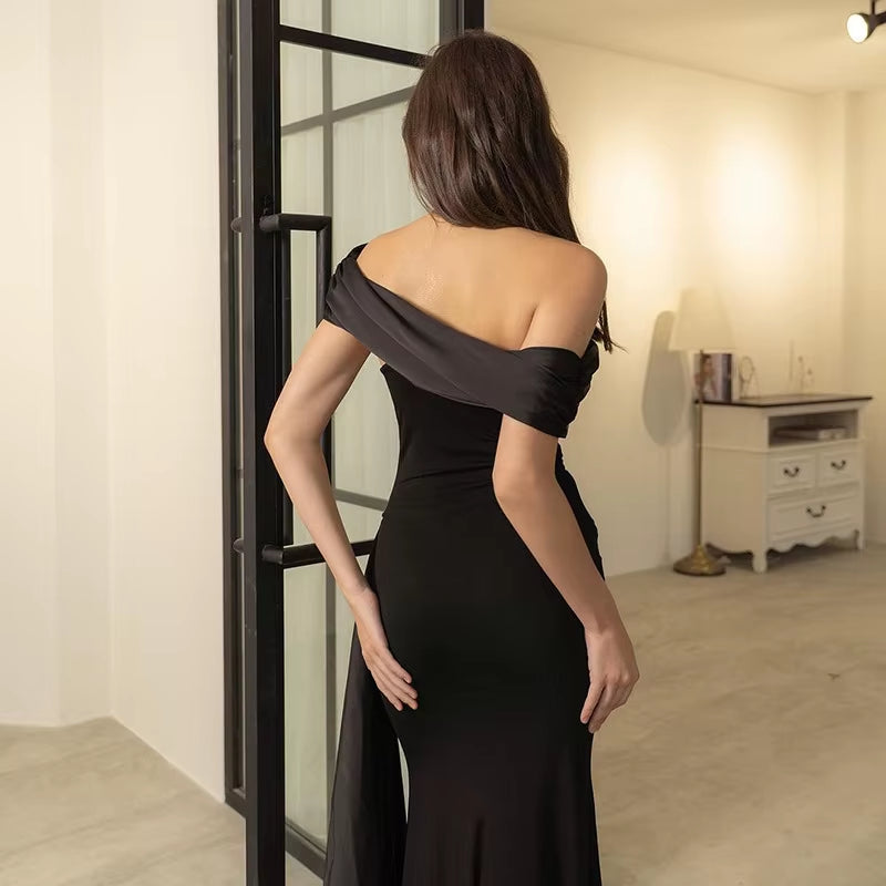 New Party Evening Dresses Elegant Black Slash Neck Maxi Dress for Women Fashion Short Sleeve Bodycon Banquet Vestidos Female