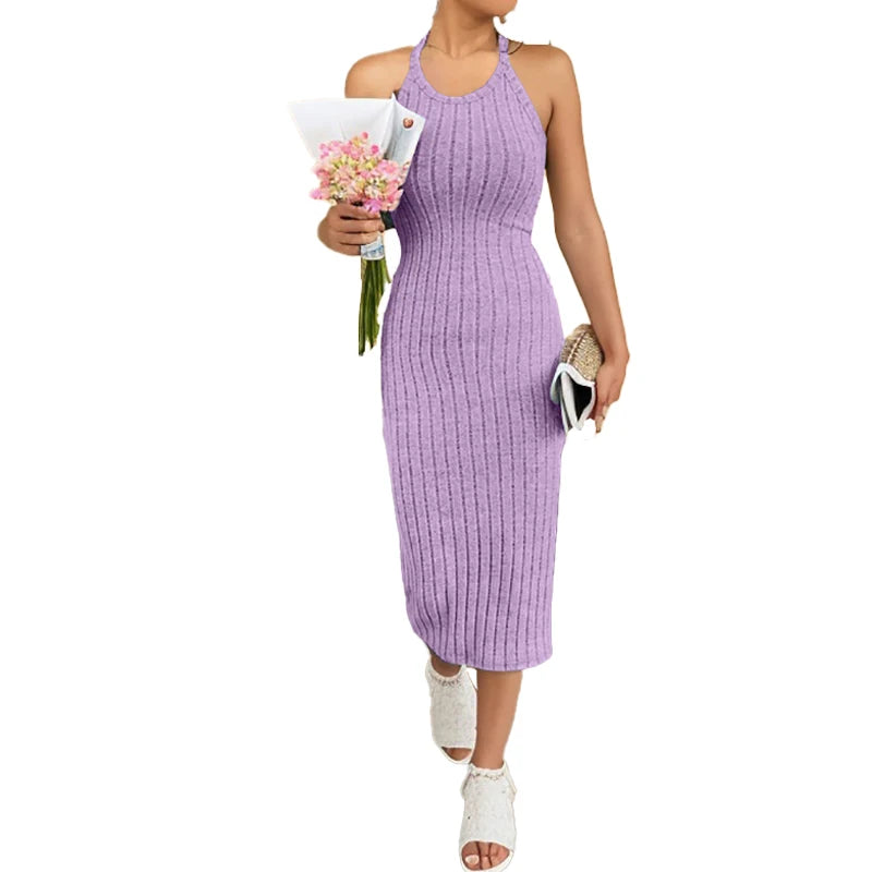 Solid Halter Neck Bodycon Midi Dress High-End Temperament Vest Halter Dress Women'S Summer New High-Waist Slim Temperament Slim