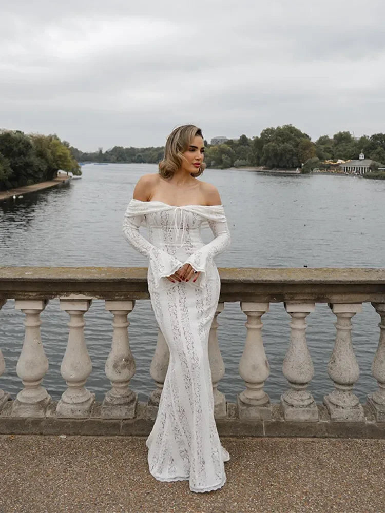 Hollow Out Lace Backless Slim Long Dress Women Strapless Lace up off Shoulder Dresses Chic 2025 New Sexy Female Party Club Robes