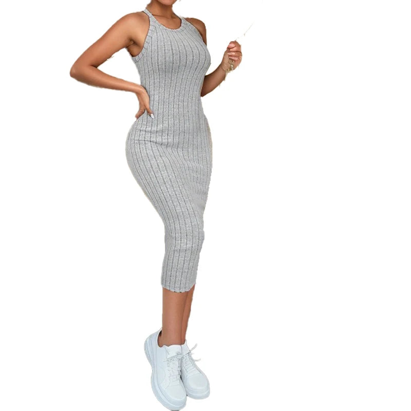 Solid Halter Neck Bodycon Midi Dress High-End Temperament Vest Halter Dress Women'S Summer New High-Waist Slim Temperament Slim