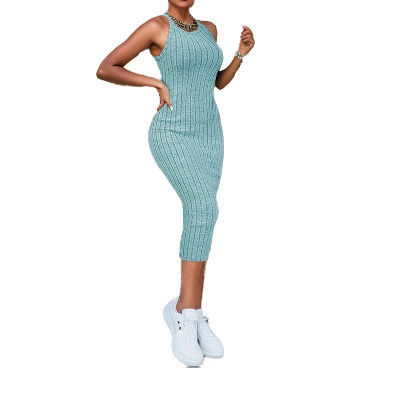 Solid Halter Neck Bodycon Midi Dress High-End Temperament Vest Halter Dress Women'S Summer New High-Waist Slim Temperament Slim