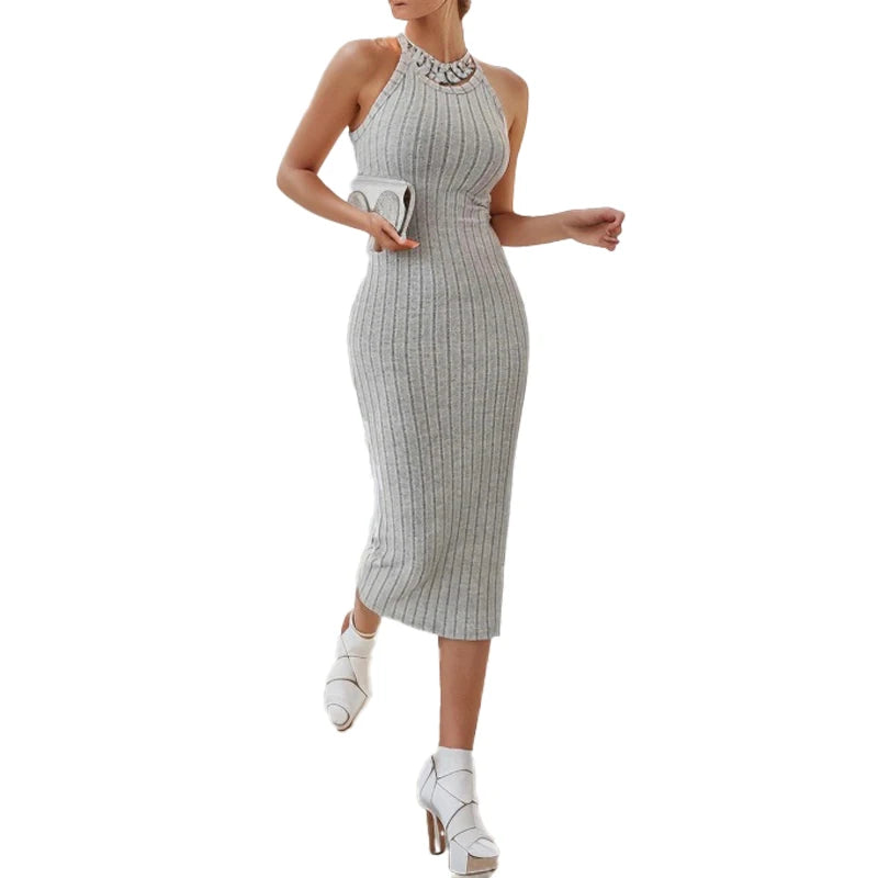 Solid Halter Neck Bodycon Midi Dress High-End Temperament Vest Halter Dress Women'S Summer New High-Waist Slim Temperament Slim