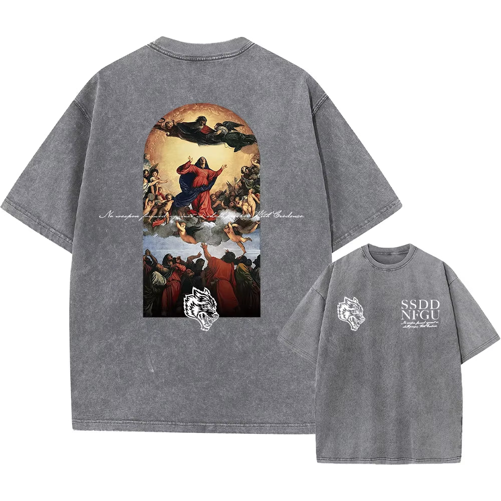 Men'S Washed T-Shirt Vintage Printed Street Hip Hop Retro Punk T Shirt Harajuku Casual Cotton Short Sleeve Acid Wash Tshirts Top