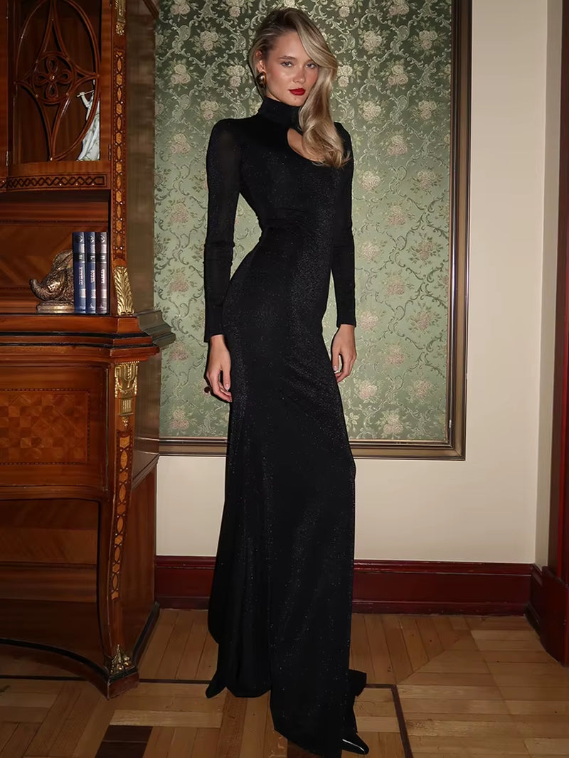 Hollow Out Turtleneck Long Sleeve Sexy Maxi Dress for Women Gown 2025 New Bodycon Evening Club Long Dress Vestido