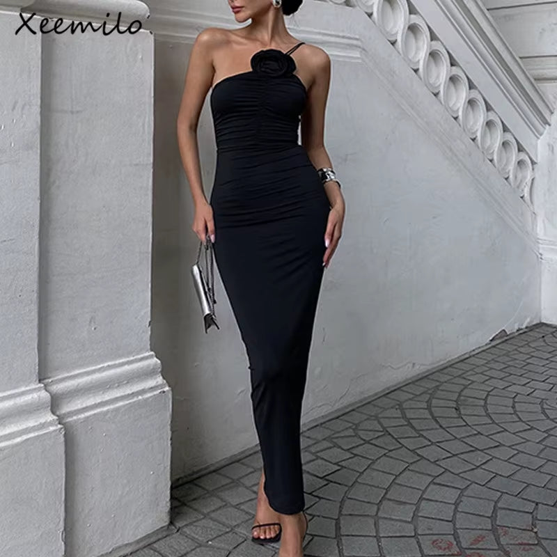 Elegant Women Solid Sleeveless Slim Dress Aesthetic Oblique Strap Backless Prom Dresses Fashion Evening Party Clothing