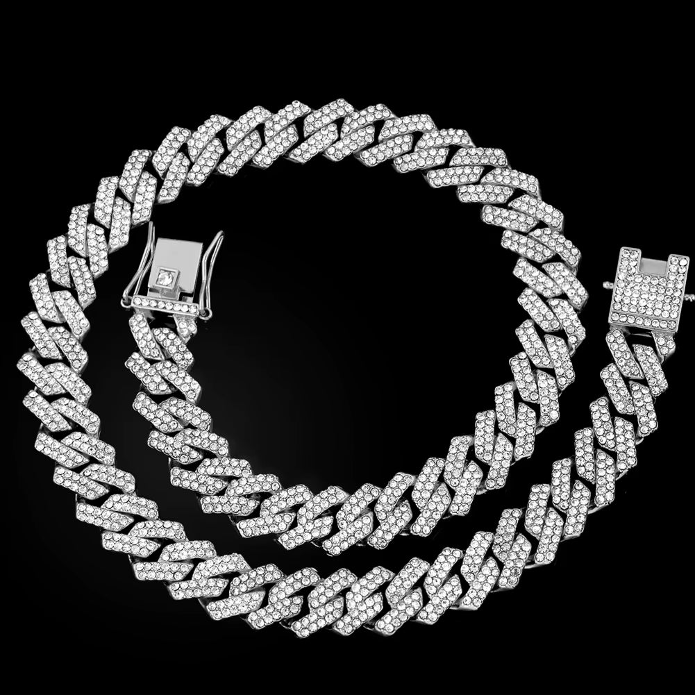 16/18/20/22/24Inch Prong Cuban Link Chain for Women Men Iced Out 2 Row Rhinestone Miami Rhombus Hip Hop Cuban Necklaces Jewelry