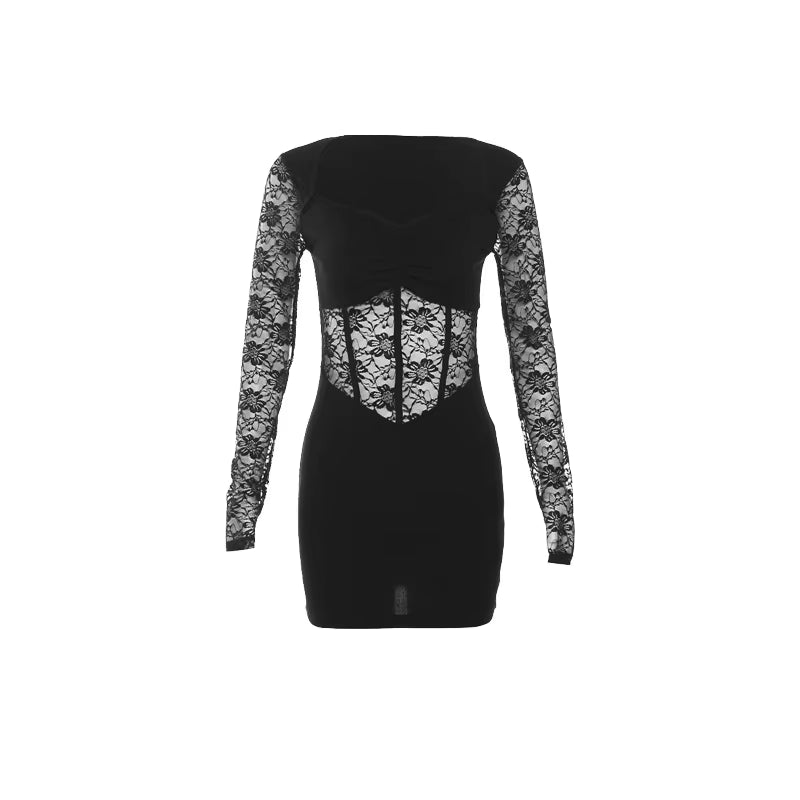 Black Mysterious Sexy Lace Stitching Mature Fishbone Beautiful Sweet Gentle Women'S Winter Long Sleeve Hip Short Dress