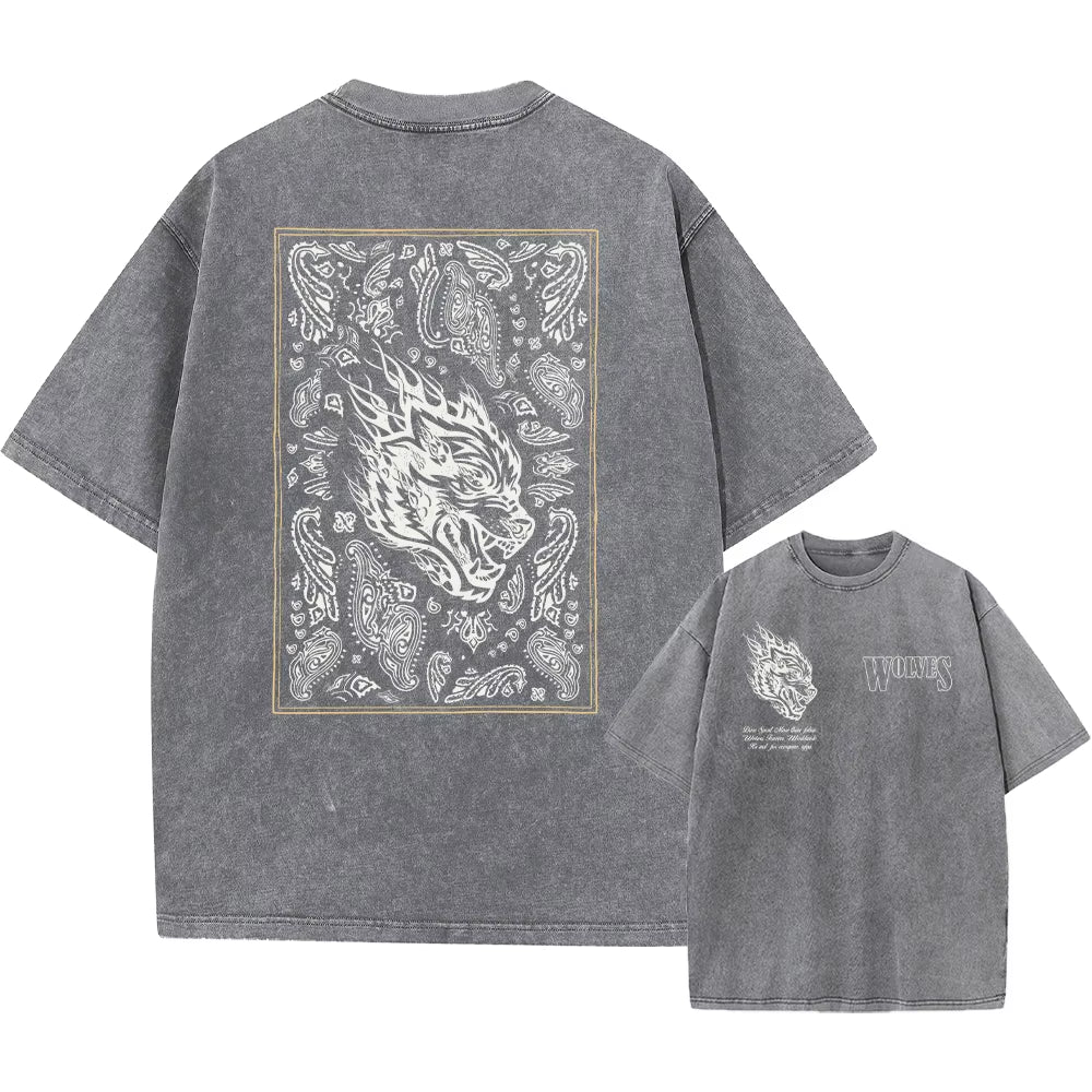 Men'S Washed T-Shirt Vintage Printed Street Hip Hop Retro Punk T Shirt Harajuku Casual Cotton Short Sleeve Acid Wash Tshirts Top