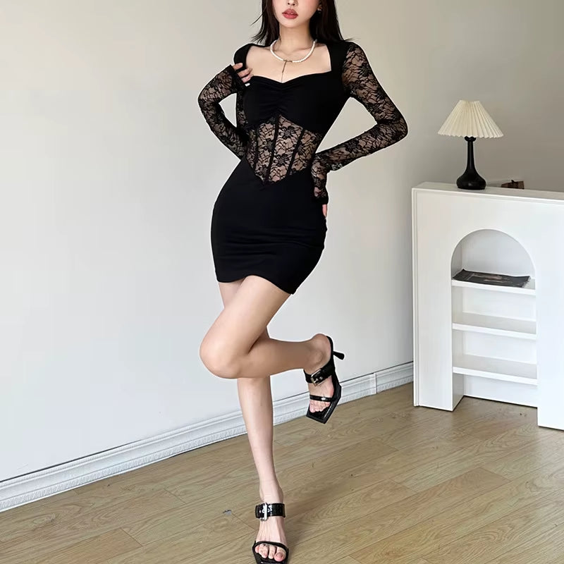 Black Mysterious Sexy Lace Stitching Mature Fishbone Beautiful Sweet Gentle Women'S Winter Long Sleeve Hip Short Dress