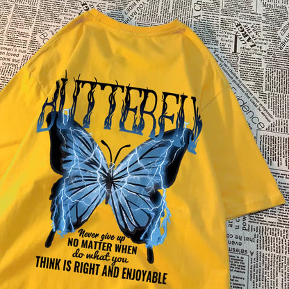 Blue Lightning Butterfly Creative Word T-Shirt Men Casual Oversized T-Shirt Casual Loose Tee Clothes Pattern Quality Tops