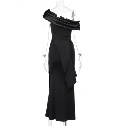 New Party Evening Dresses Elegant Black Slash Neck Maxi Dress for Women Fashion Short Sleeve Bodycon Banquet Vestidos Female