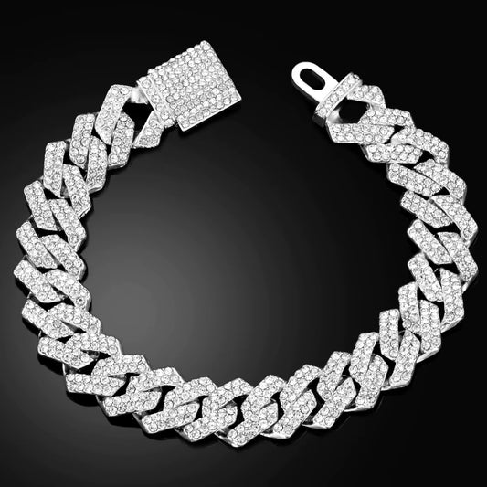 Hip Hop Men Women Two Row Rhinestone Paved Cuban Link Chain Bracelet Silver Color Iced Out Chain Cuban Anklet Bracelets Jewelry
