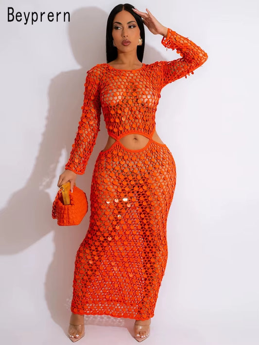 New Chic Mother of Pearl Crochet Cover up Dress for Women Summer Hollow Out Sequins Beach Dress Vacation Outfits