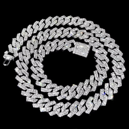 16/18/20/22/24Inch Prong Cuban Link Chain for Women Men Iced Out 2 Row Rhinestone Miami Rhombus Hip Hop Cuban Necklaces Jewelry