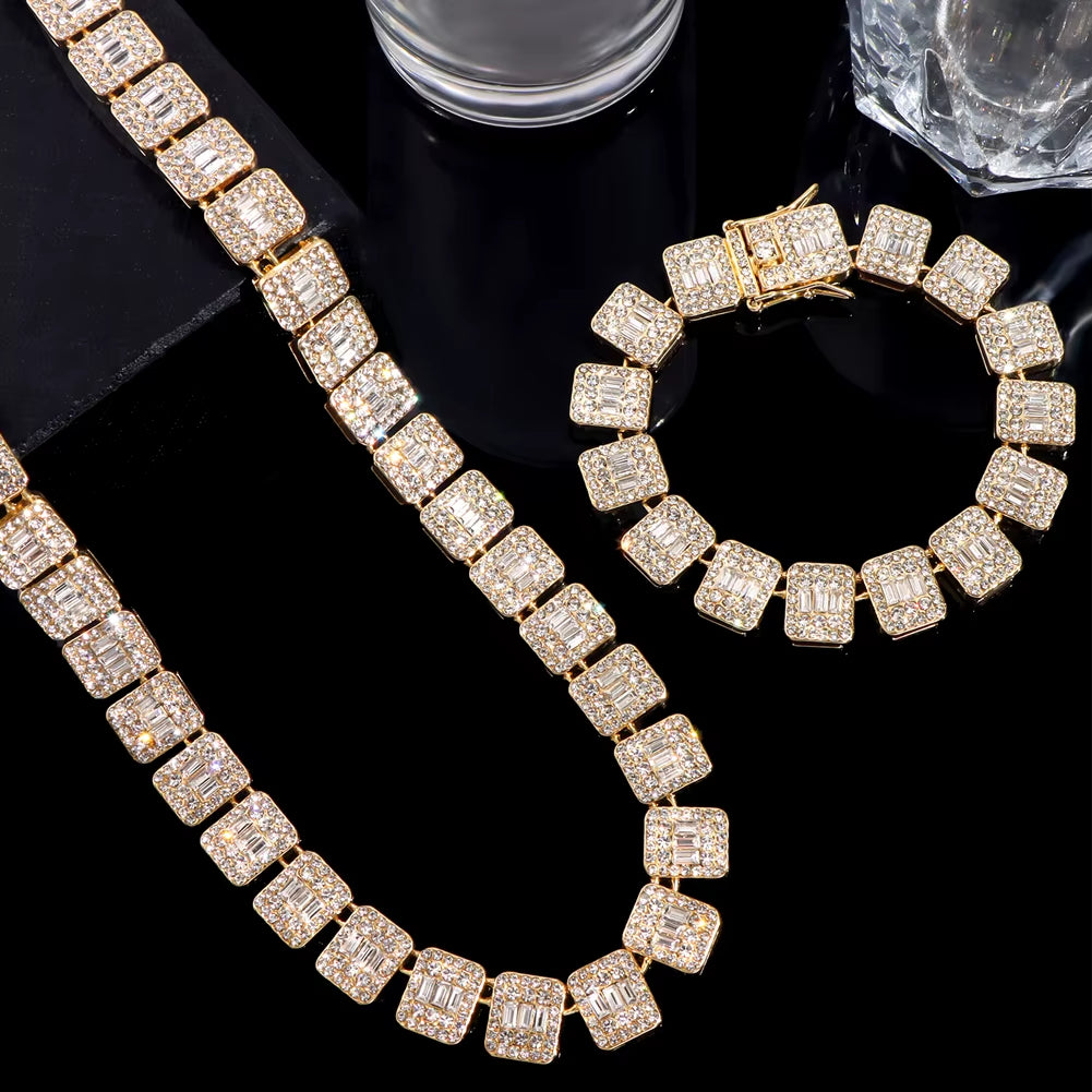 Iced Out Bling Baguette Cuban Link Chain Necklace Men Women Square Tennis Chain Punk Hiphop Cuban Choker Necklaces Rock Jewelry