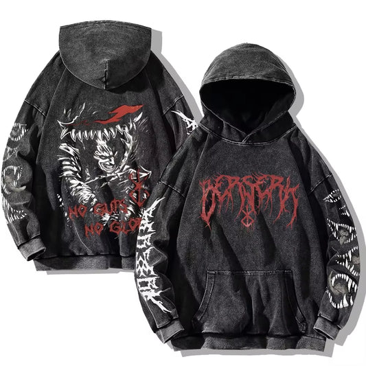 Gothic Vintage Washed Hoodies Teeth Funny Printed Sweatshirts Harajuku Retro Long Sleeve Pullover Men Women Y2K Oversized Hoodie