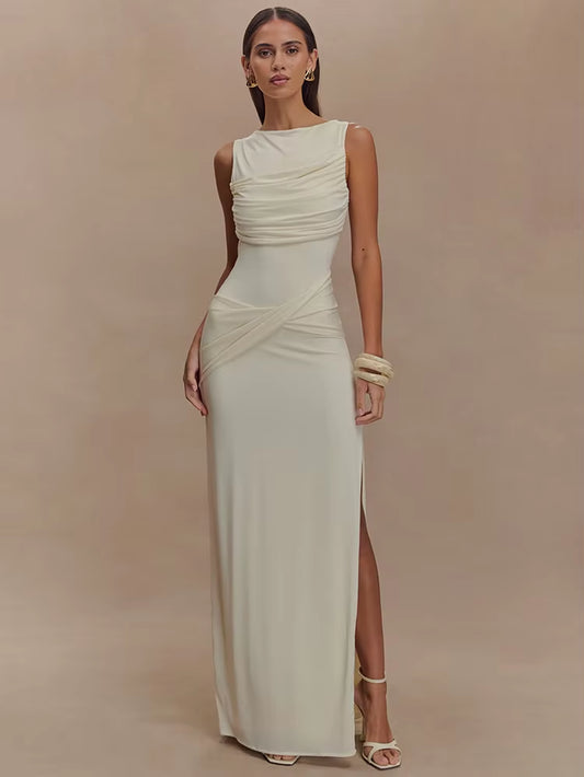 Backless Ruched Sexy Maxi Tank Dress Women Gown Summer New O Neck Thigh High Split Bodycon Elegant Long Dress Fashion