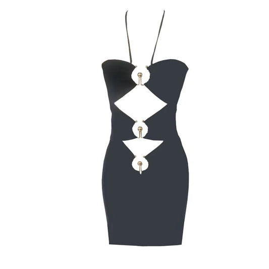 Women'S Summer Halter Hanging Neck Shiny Metal Hollow Mini Sexy Tight Bandage Fabric Holiday Party Dress