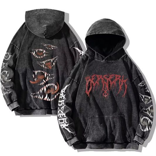Gothic Vintage Washed Hoodies Teeth Funny Printed Sweatshirts Harajuku Retro Long Sleeve Pullover Men Women Y2K Oversized Hoodie