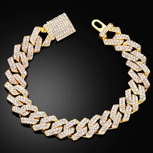 Hip Hop Men Women Two Row Rhinestone Paved Cuban Link Chain Bracelet Silver Color Iced Out Chain Cuban Anklet Bracelets Jewelry