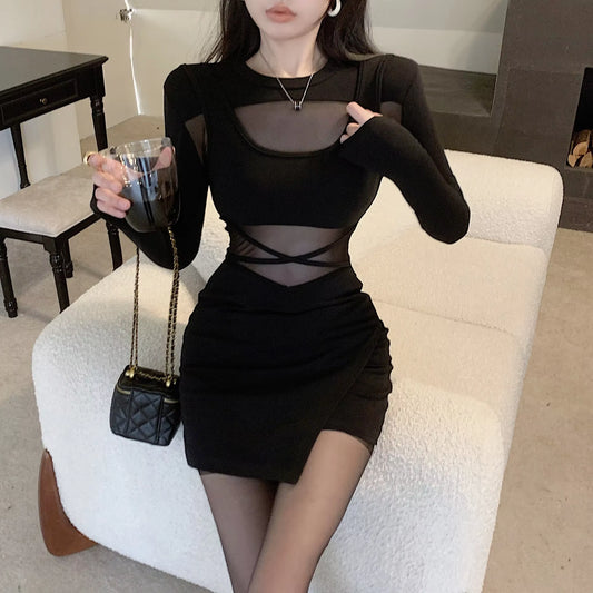 Pure Desire Mesh Spliced Spicy Girl round Neck Dress Women'S Autumn New High-End Feel Niche Waist-Fitted Slimming Hip Wrap Dress