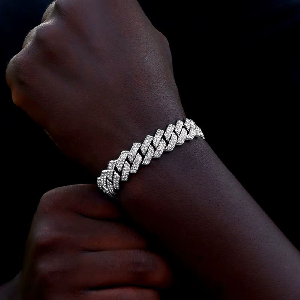 Hip Hop Men Women Two Row Rhinestone Paved Cuban Link Chain Bracelet Silver Color Iced Out Chain Cuban Anklet Bracelets Jewelry