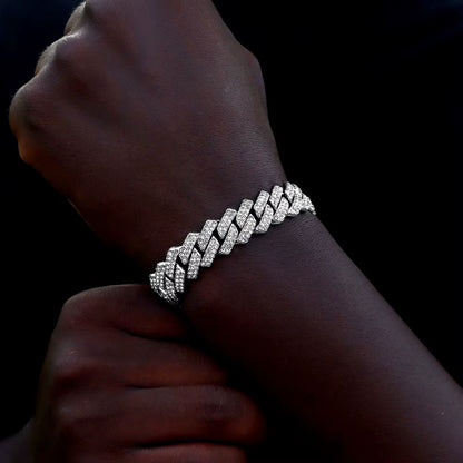 Hip Hop Men Women Two Row Rhinestone Paved Cuban Link Chain Bracelet Silver Color Iced Out Chain Cuban Anklet Bracelets Jewelry